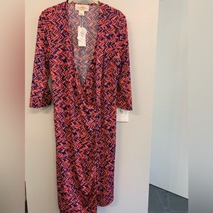 Julie Brown wrap around dress, pink/ blue; geometric pattern; Size: L